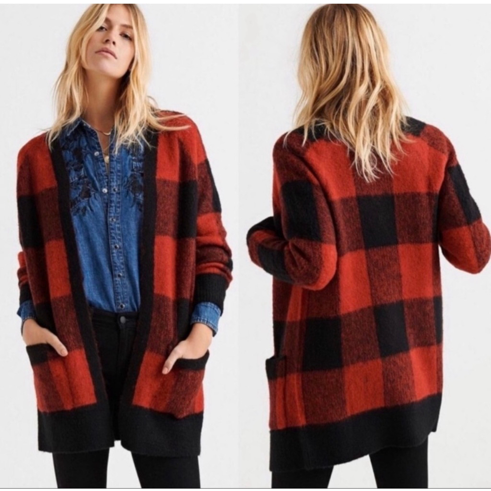 Lucky Brand Buffalo Plaid Duster Cardigan Wool Blend Sweater Red Large